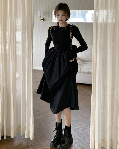 Actual shot of 2024 spring new style hollow knitted long-sleeved dress, feminine, slim and slim long skirt