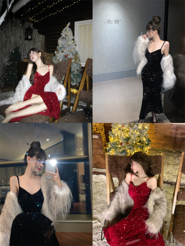 Actual shot of sexy sequined atmosphere dress, New Year's banquet festival shirt, furry cardigan