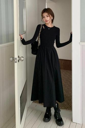 Actual shot of 2024 spring new style hollow knitted long-sleeved dress, feminine, slim and slim long skirt