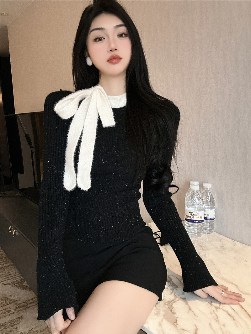 實拍 法式撞色蝴蝶結綁帶露肩毛衣女針織衫內搭打底上衣
