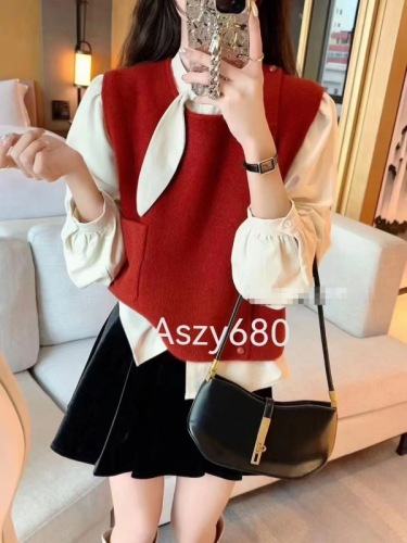 2024 Spring New Versatile Loose Western Style Knitted Vest + Niche Shirt Two-piece Women's Fashion Suit