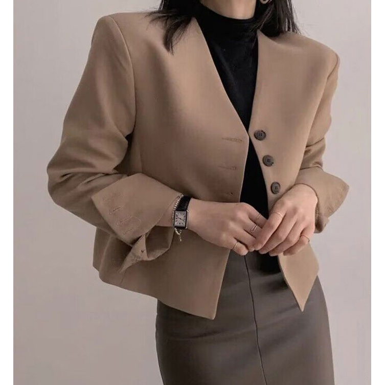 Korean chic2024 spring and autumn new style retro simple temperament V-neck casual commuting versatile long-sleeved suit jacket