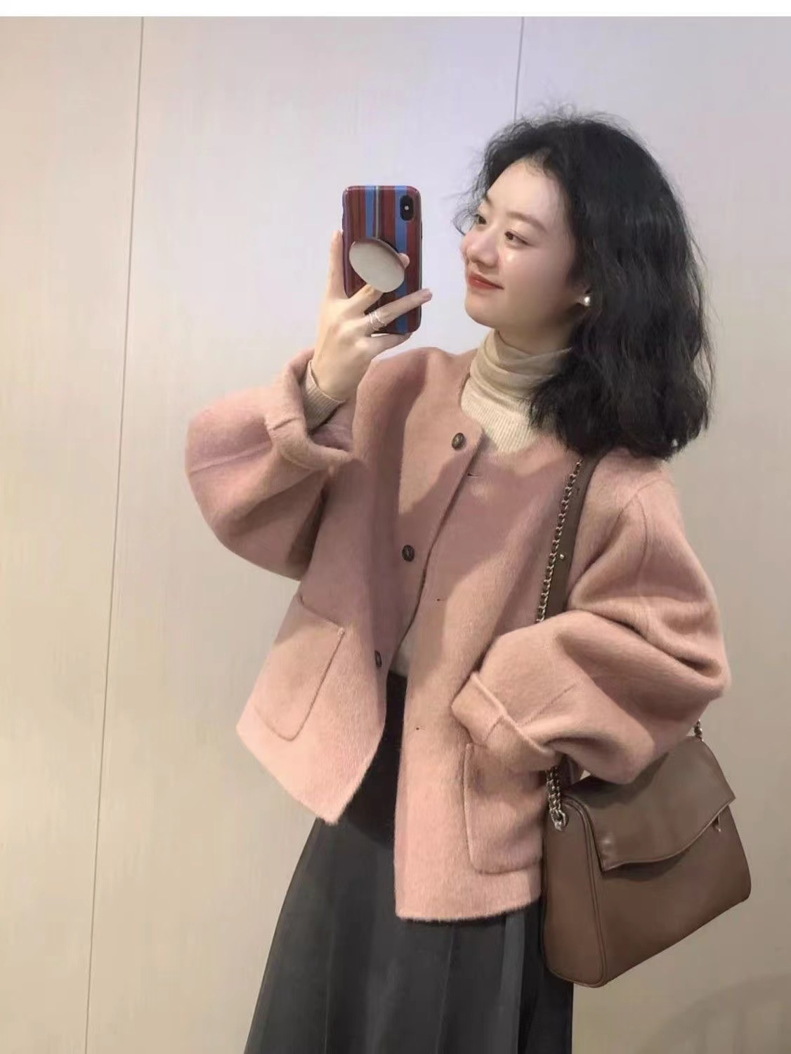 粉色短款呢子大衣女2023秋冬新款韓系小個子氣質小香風毛呢外套潮