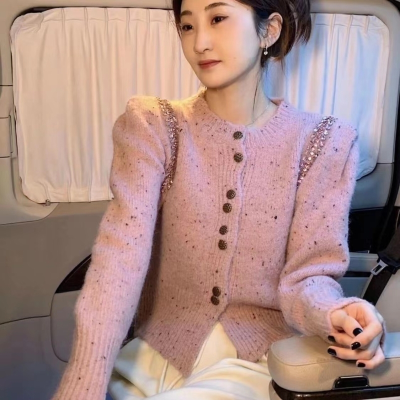燙鑽毛衣開衫女2023冬季洋氣設計感氣質單排扣綿羊絨針織上衣外套