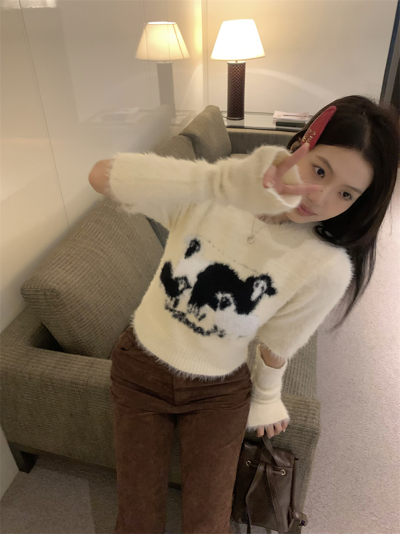實拍~原創 甜辣軟糯糯白色仿貂毛小羊短款針織毛衣上衣+袖套