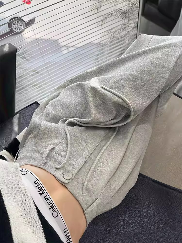 灰色運動褲女2023新款秋冬季高腰窄版闊腿褲直筒休閒寬鬆抽繩衛褲