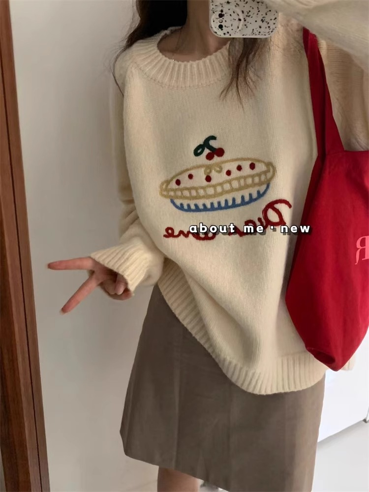 綿羊絨質量2024秋冬韓系圓領減齡水果蛋糕毛衣女