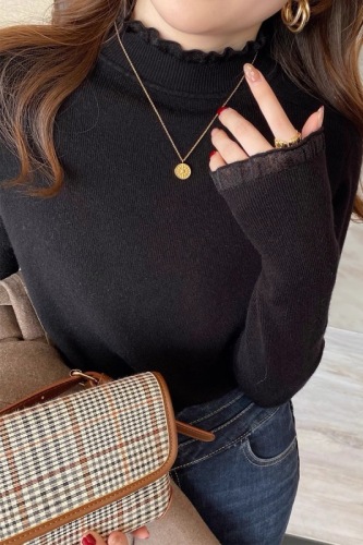 Official Image Half-High Collar Mushroom Edge Knitted Base Shirt for Women Autumn and Winter Little Black Dress Style Lace Splicing T-Shirt with Fleece Upshirt