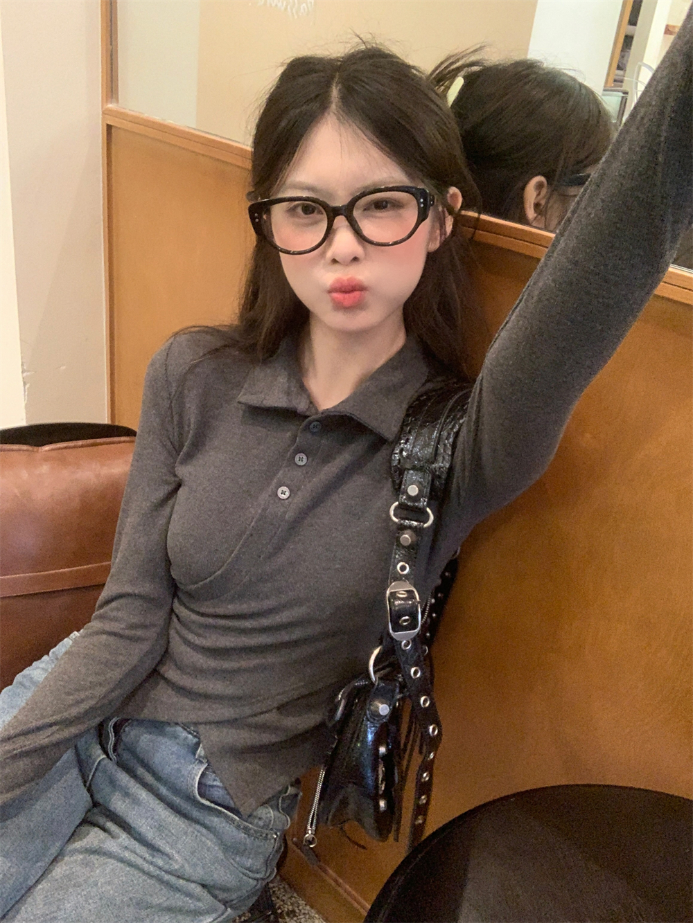 實拍深灰色不規則高領針織衫內搭立領修身短款上衣女