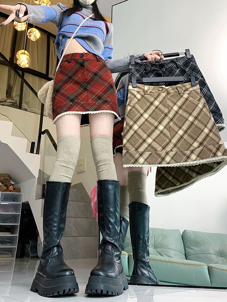 實拍 復古蕾絲邊撞色格紋呢子半身裙冬季新款高腰辣妹包臀裙短裙