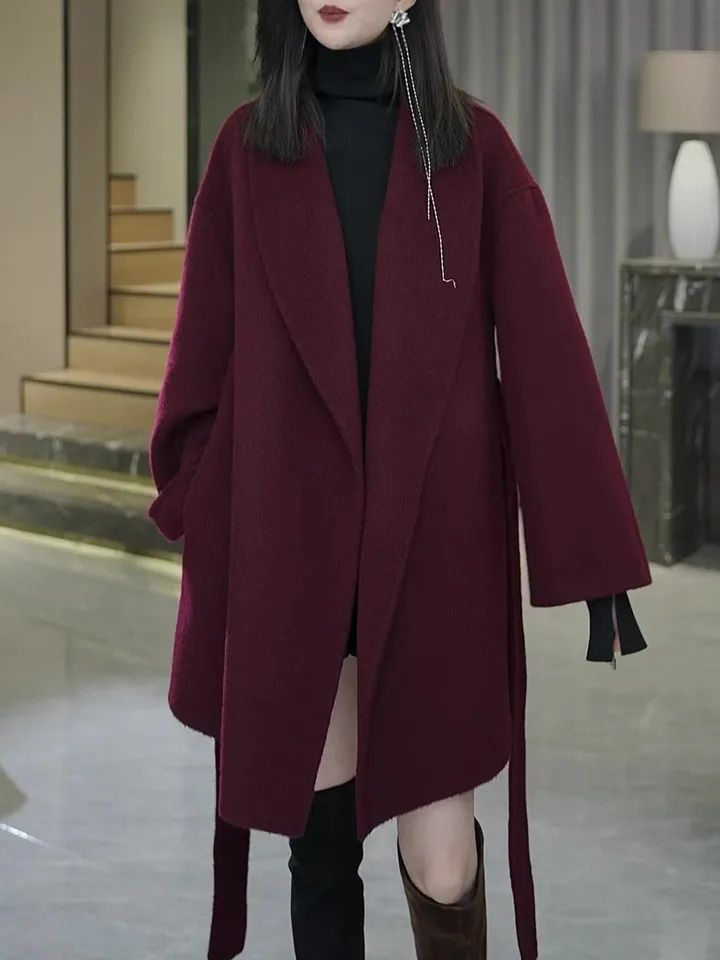 雙面毛呢 雙面毛呢外套女秋冬新款系帶韓版寬鬆顯瘦呢子大衣