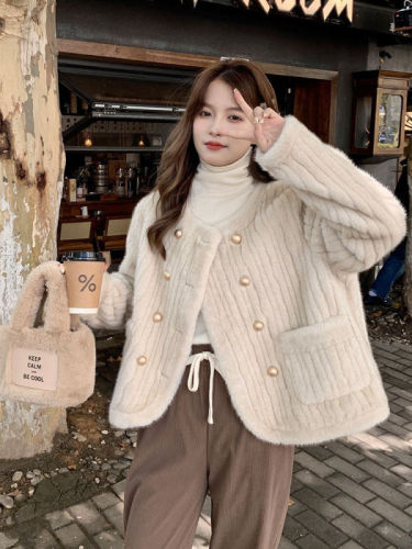  autumn and winter French style thickened imitation mink fur one-piece striped fur eco-friendly fur women's jacket