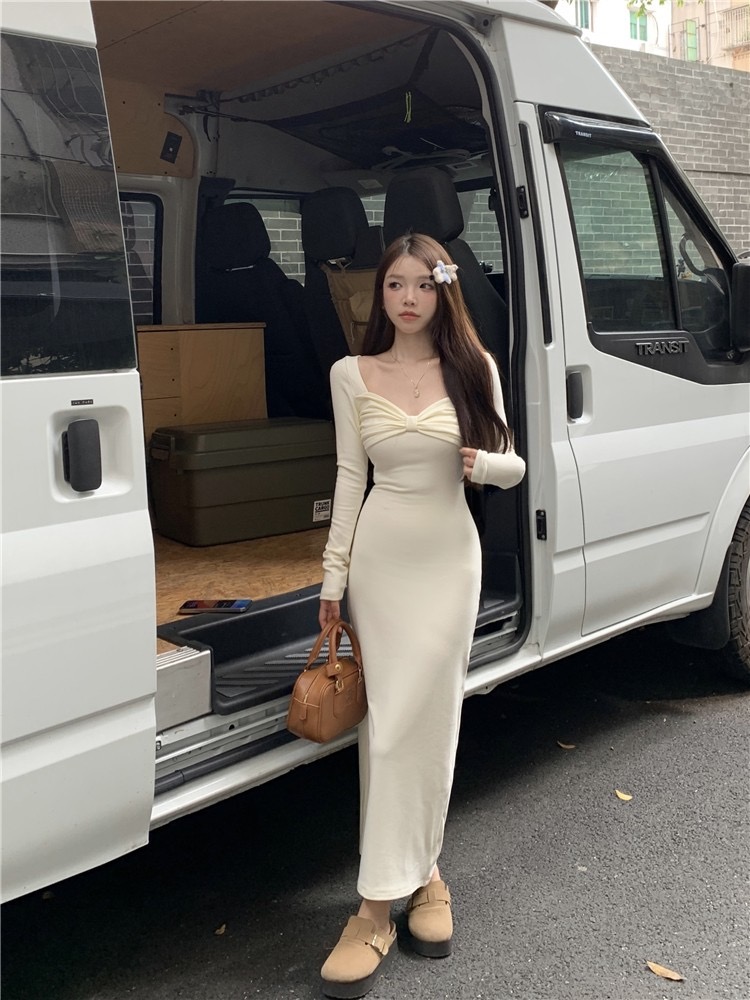 性感蝴蝶結v領長袖連衣裙女裝秋冬2023新款氣質修身顯瘦中長裙子