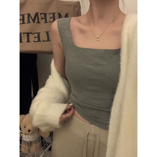 Actual shot of autumn and winter German velvet warm camisole women's square collar exposed clavicle with chest pad slim fit versatile top
