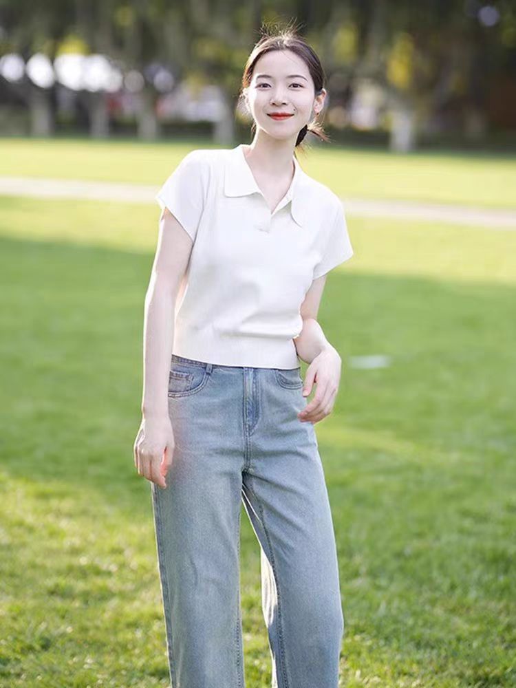 正肩白色針織短袖t恤女夏季2023新款小眾半袖顯瘦短款上衣polo衫
