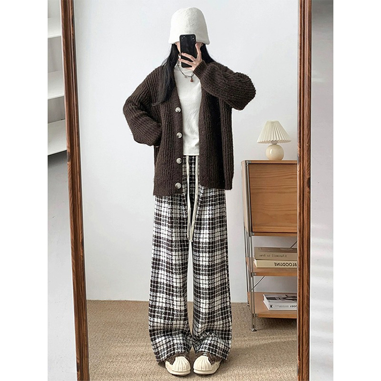 時尚超火棕色格子毛呢闊腿褲女2023秋冬新款高腰顯瘦休閒闊腿褲
