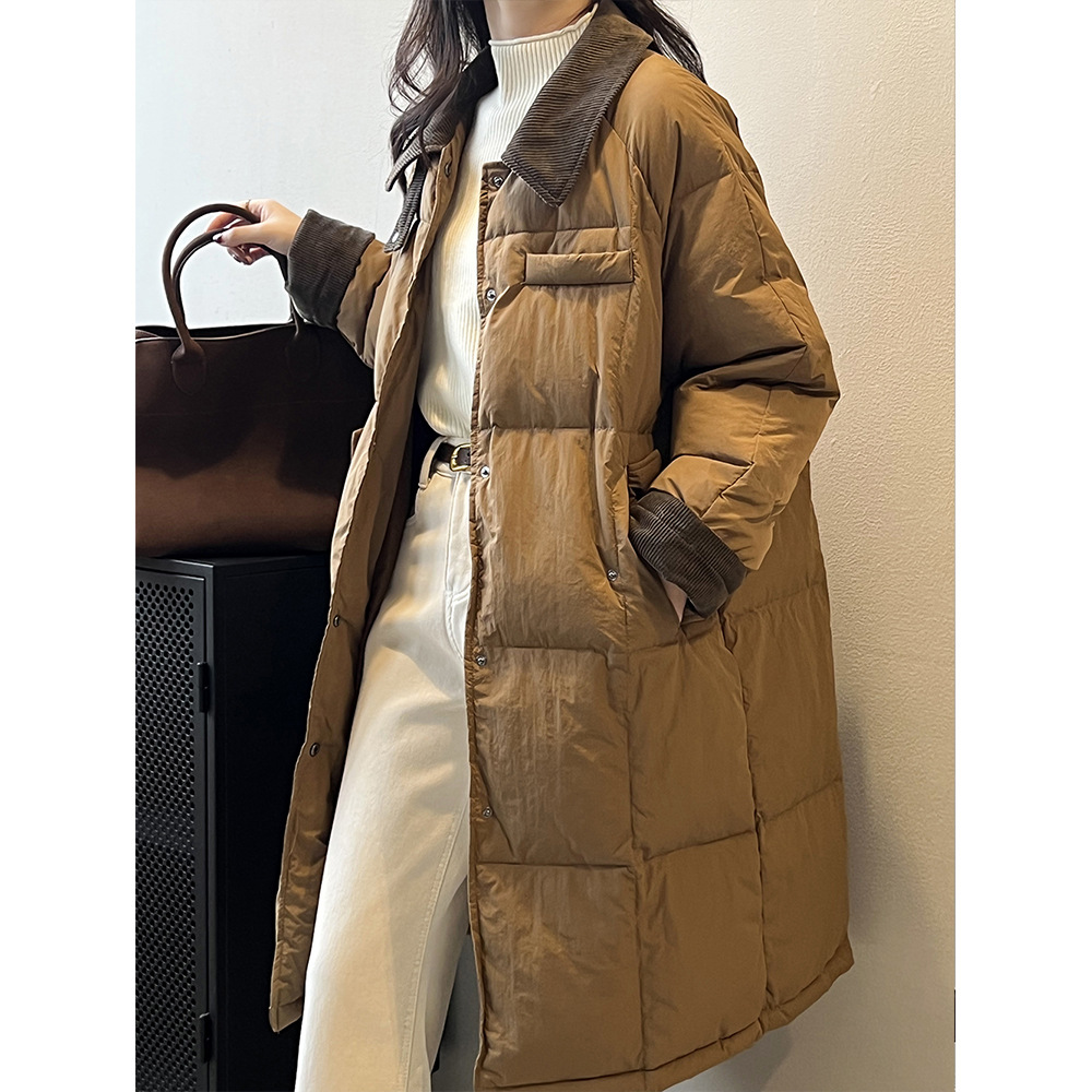 實拍~韓版翻領中長款羽絨服女燈芯絨拼接 2023冬季寬鬆外套