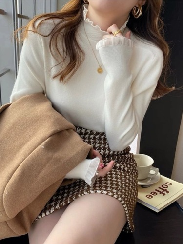 Official Image Half-High Collar Mushroom Edge Knitted Base Shirt for Women Autumn and Winter Little Black Dress Style Lace Splicing T-Shirt with Fleece Upshirt