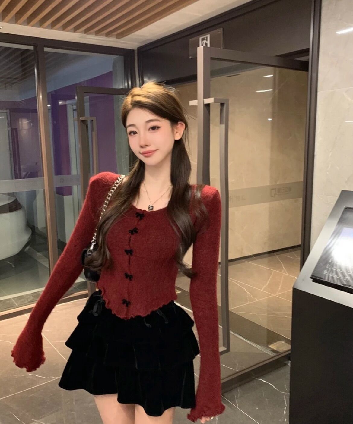 慕子-長袖針織衫毛衣上衣氣質網紅短款時尚紫色長袖針織衫顯瘦