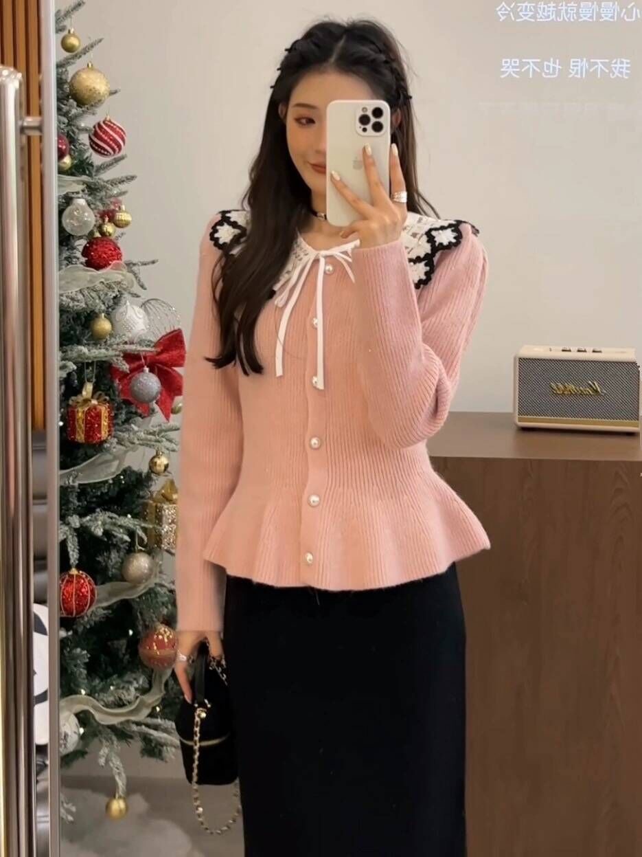 Lace collar bow long-sleeved sweater for women 2024 new spring fashion versatile super good-looking inner wear