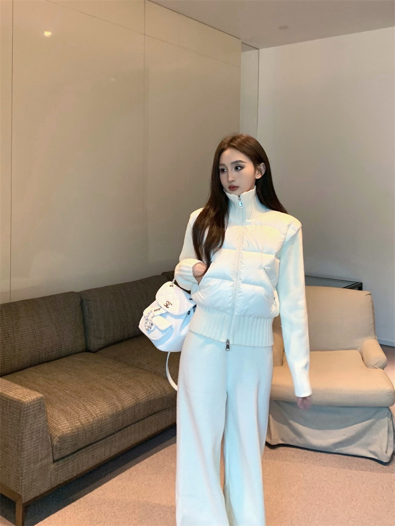 實拍 復古氣質顯瘦毛衣拼接立領拉鏈棉服外套