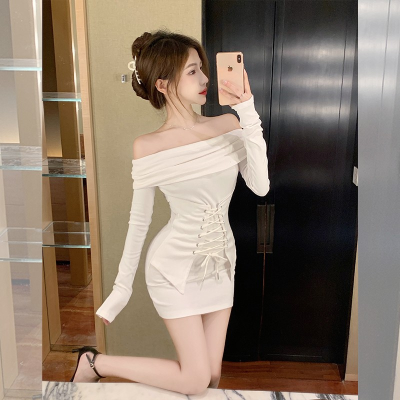 純欲風御姐辣妹性感假兩件一字肩連衣裙超好看緊身包臀短裙秋冬季