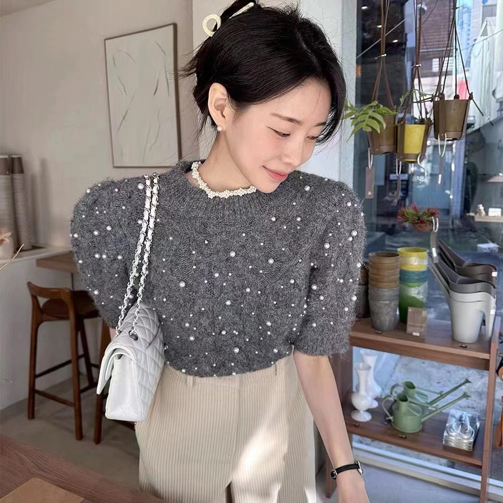 2023韓國冬季法式復古圓領釘珠點綴麻花紋設計感針織衫毛衣