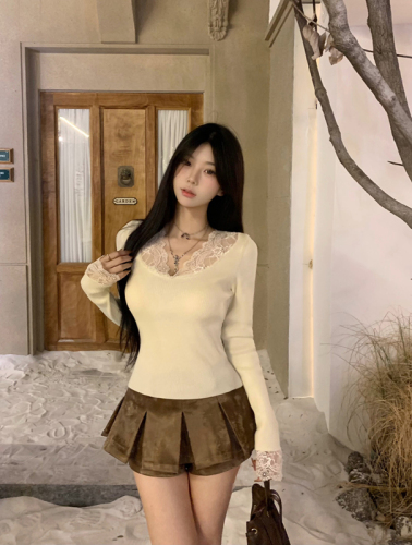Actual shot of autumn and winter  new French style lace slim fit sweater for women