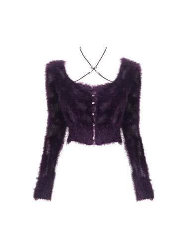 Ju Jingyi's same sweater for autumn and winter, new furry bottoming shirt, gentle temperament, short purple grape girl top