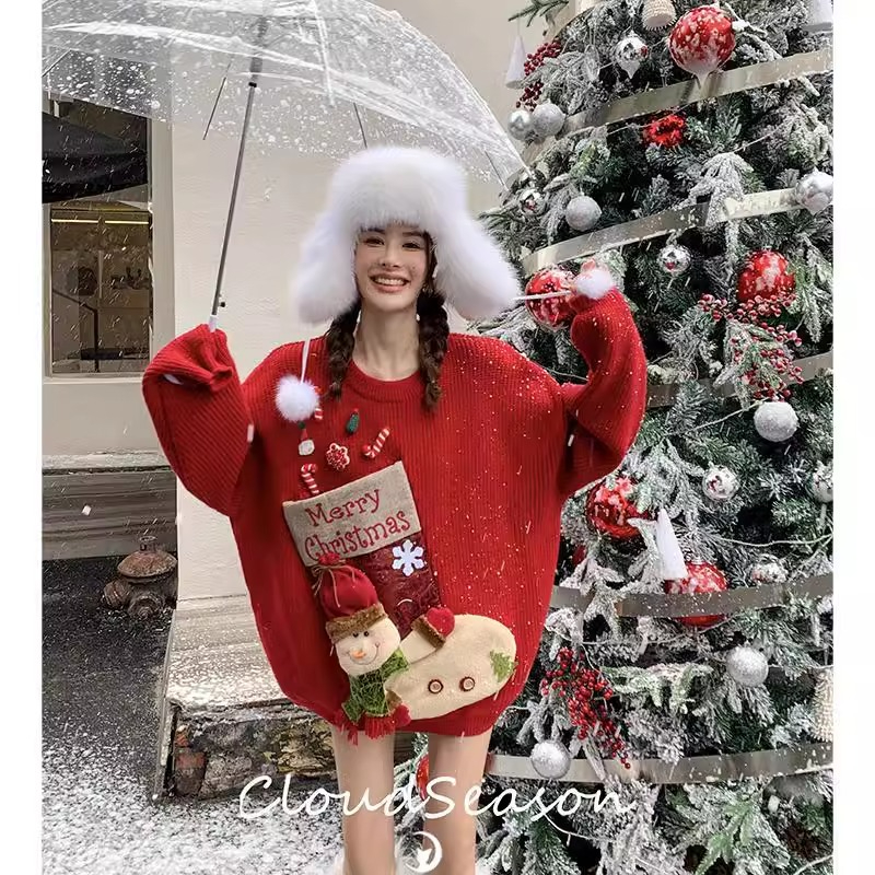 北極絨2024聖誕雪人紅色毛衣女節日氛圍感卡通針織衫