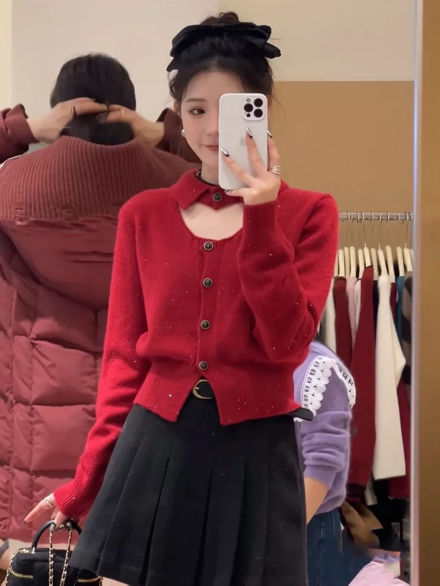 紅色短款打底毛衣開衫女秋冬2023新款加厚修身顯瘦內搭針織衫上衣