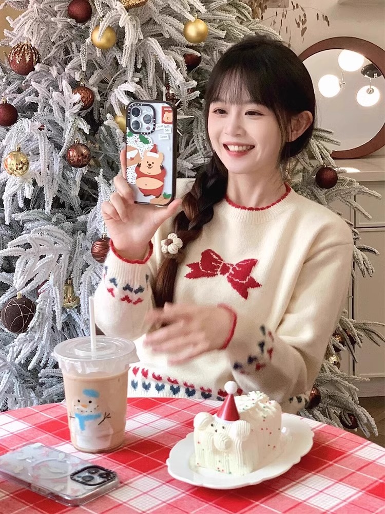 聖誕節蝴蝶結撞色毛衣女2023新款秋冬小個子軟糯寬鬆甜美針織上衣