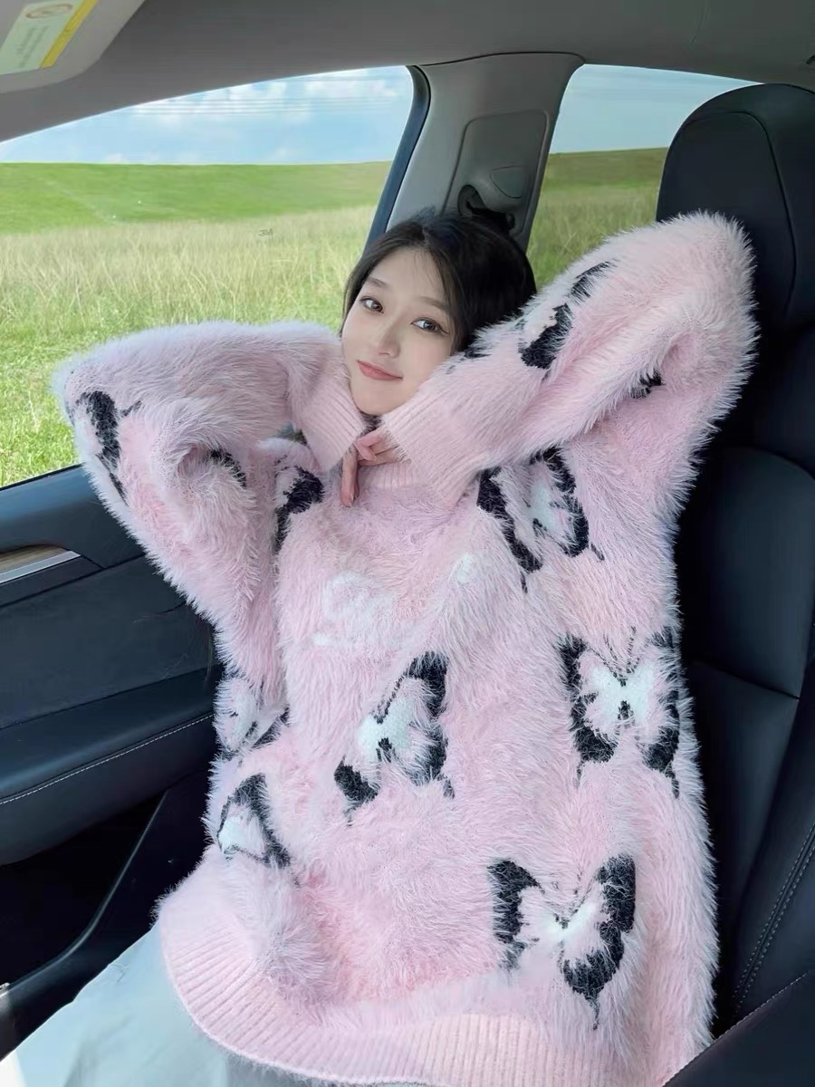 DYXY美式慵懶風蝴蝶秋冬毛衣設計感圓領小眾套頭寬鬆針織衫女上衣