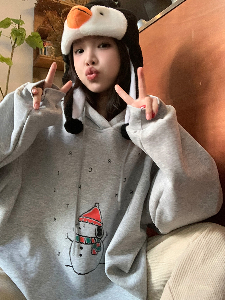 Actual shot of cute snowman~Autumn and winter Korean chic thickened and warm snowman print hooded sweatshirt