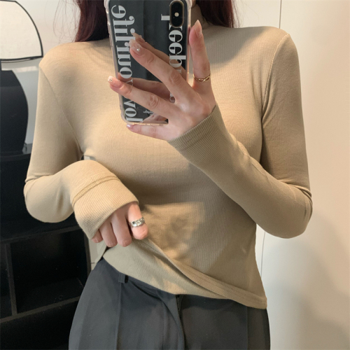 Actual shot of the new autumn and winter Hong Kong style high-neck brushed ribbed cotton slim fit long-sleeved bottoming shirt top