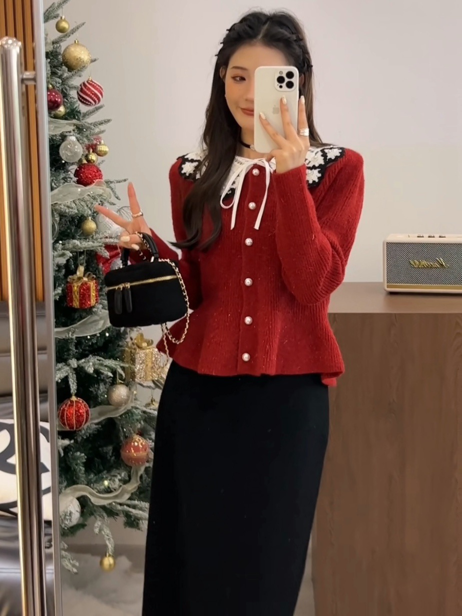 法式紅色針織開衫秋冬新款女單排扣修身系帶設計感外搭毛線衣外套