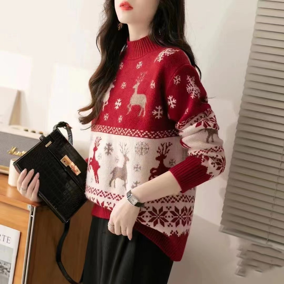 2023 New Autumn and Winter Christmas Couple Theme Sweater Women's Loose Versatile Lazy Style Sweet Knitted Sweater Top