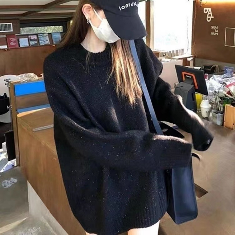韓系百搭亮絲套頭毛衣女冬季新款寬鬆慵懶風長袖針織衫上衣外穿潮