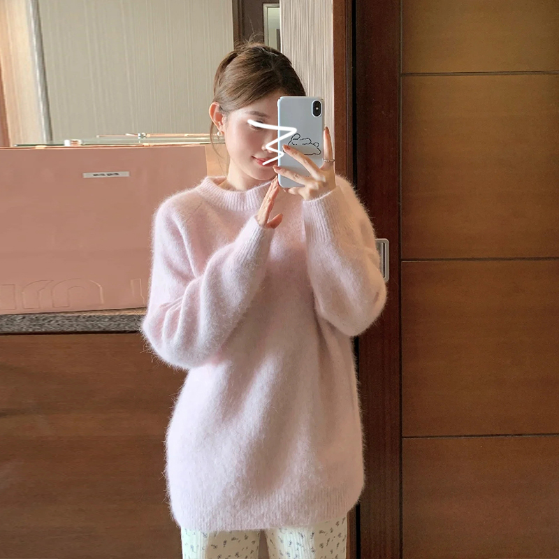 甜美粉色軟糯毛衣女秋冬季2023新款加厚寬鬆內搭奶fufu慵懶針織衫