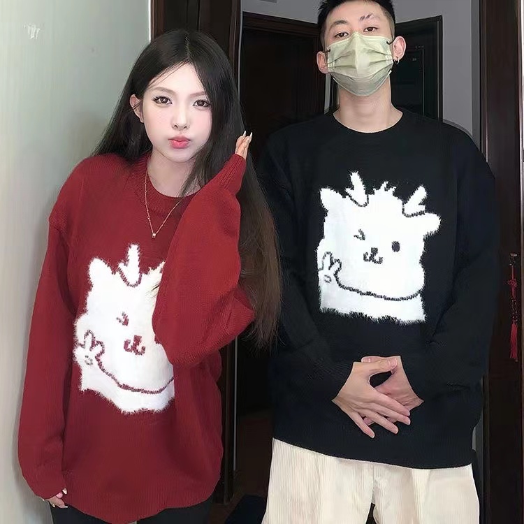 情侶裝秋冬新款龍年本命年紅色毛衣復古休閒寬鬆顯瘦高級感針織衫