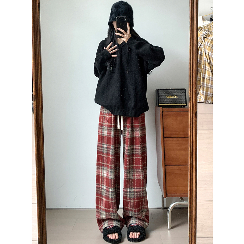 藍色毛呢格子褲子女秋冬2023新款高腰垂感休閒拖地復古加厚闊腿褲