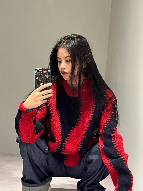 秋冬撞色條紋毛衣女2023新款設計感氣質寬鬆慵懶風圓領針織衫上衣