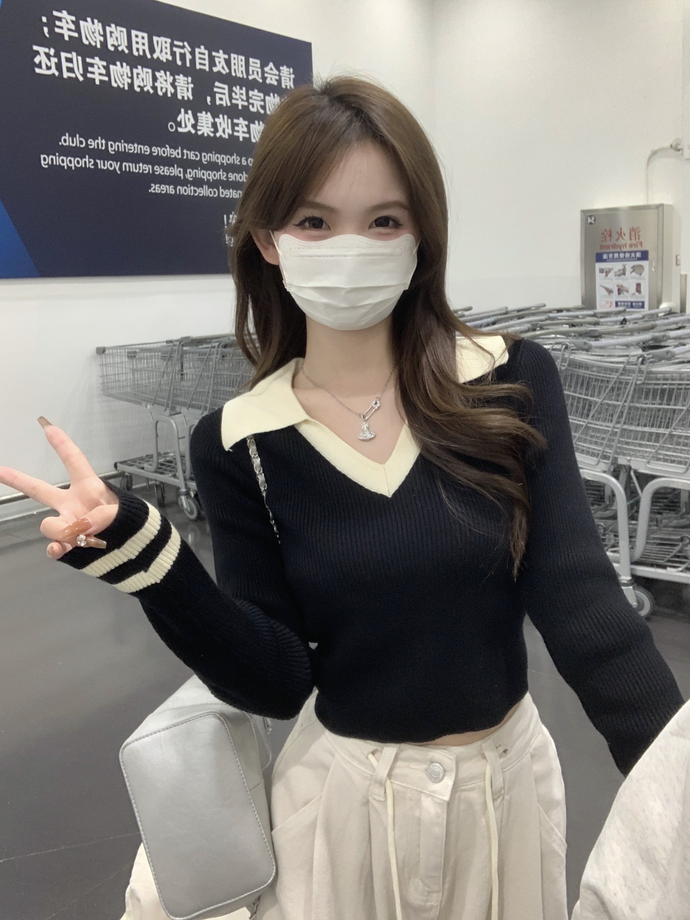實拍~秋冬新品韓版撞色長袖針織顯瘦V領內外搭打底衫短款上衣