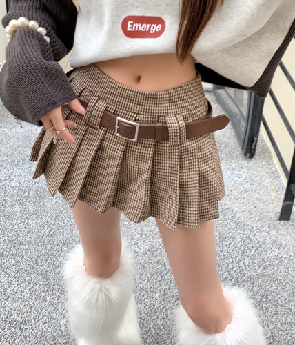 Actual shot of 2024 spring new style college style pleated skirt houndstooth skirt for women with belt