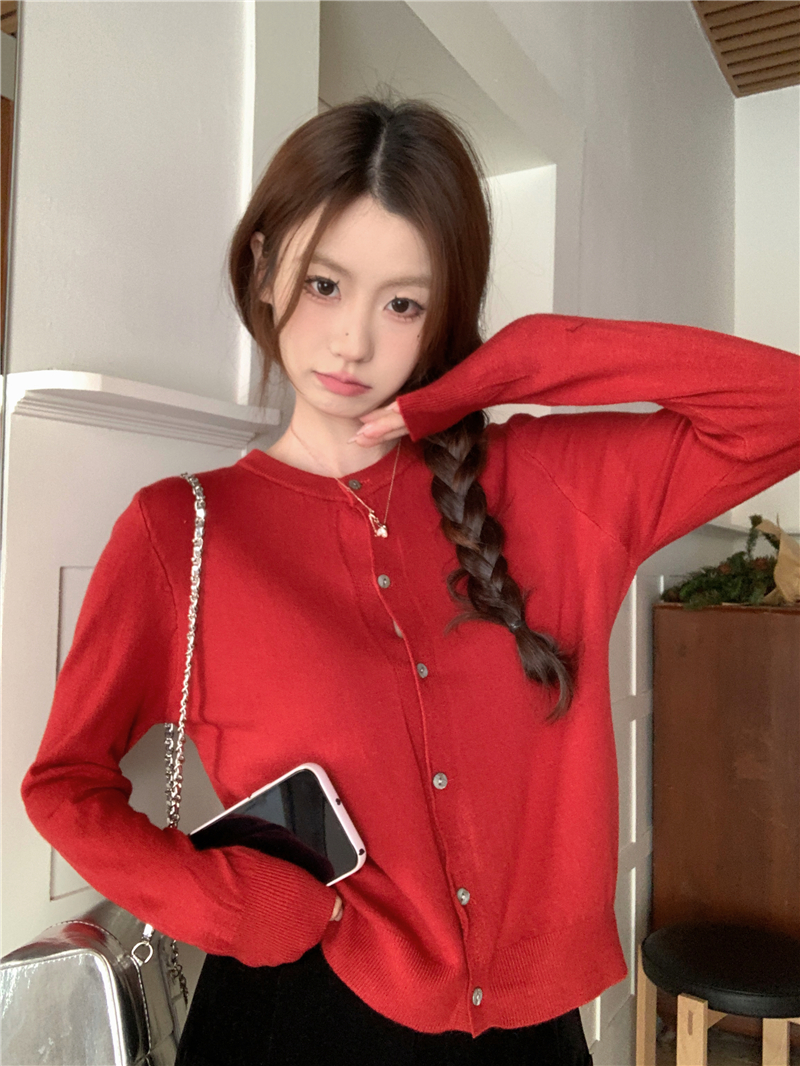 實拍~軟柔春秋冬針織基礎款純色圓領秋冬季長袖毛衣開衫女