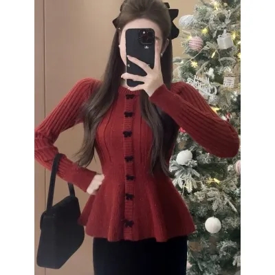 聖誕新年紅小裙擺針織衫女秋冬長袖針織顯瘦氣質亮閃修身針織衫女