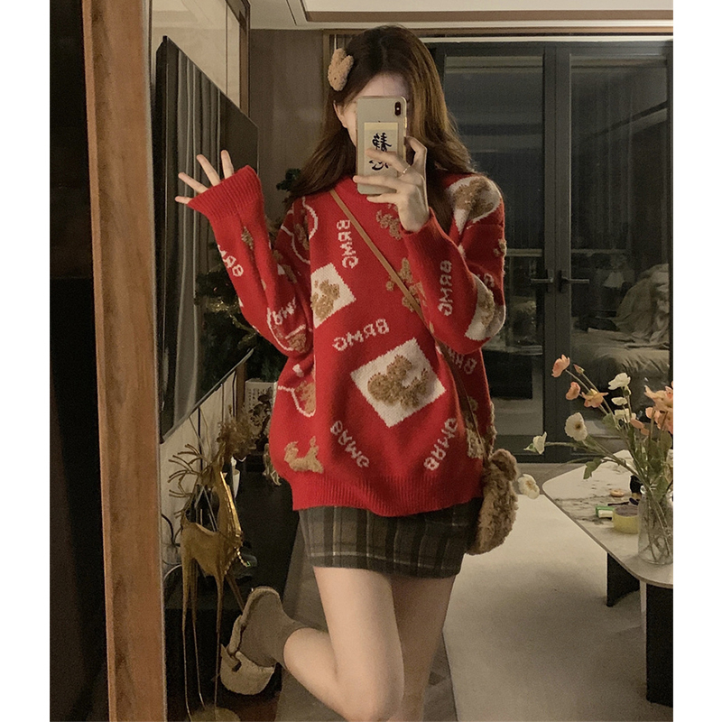 套頭紅色慵懶毛衣女秋冬2023新款軟糯針織衫高級感超好看外穿上衣