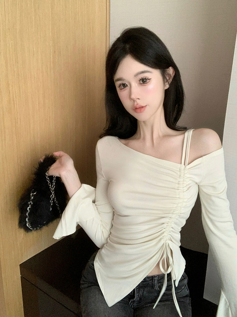 露肩長袖t恤女秋季不規則修身顯瘦打底衫chic甜辣上衣設計感小眾