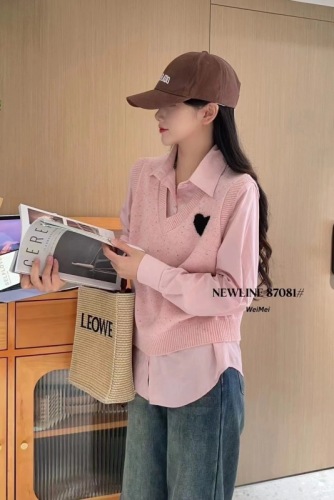 Lapel shirt, knitted vest, two-piece top, European station winter clothing, 2024 new European women's clothing trend