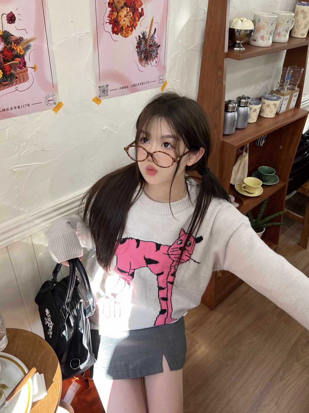 Actual shot of three standard designs, lazy chic design, fun kitten round neck sweater